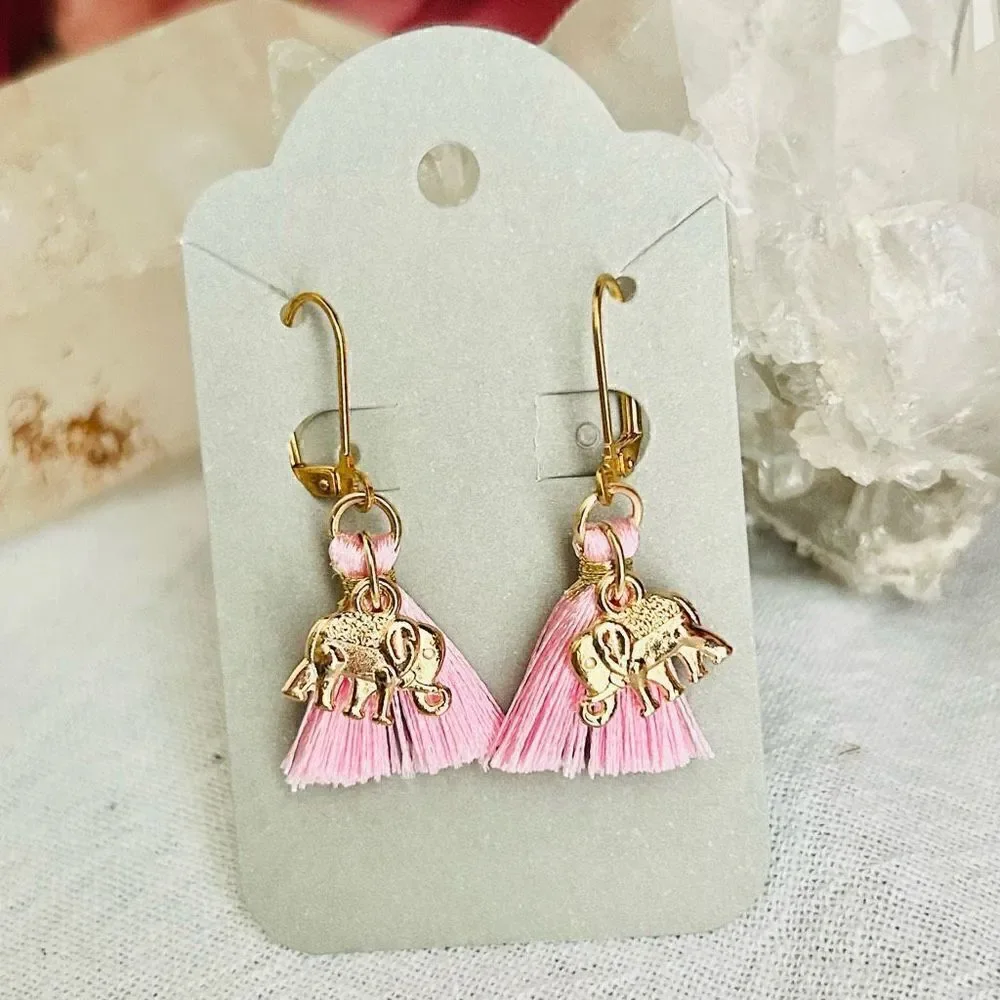 Yellow Gold Lucky Elephant Pink Tassel Dangle Earrings